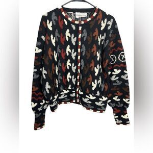 Vintage Maggie White Wool Black and Brown Patterned Cardigan Size Lg